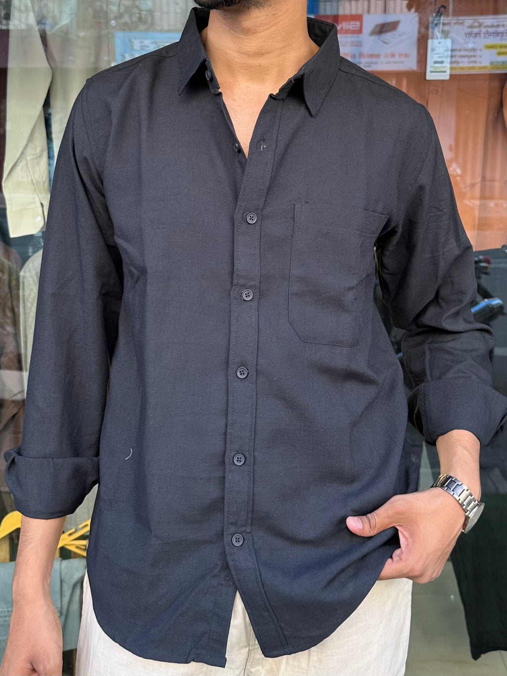 Black linen-blend Shirt