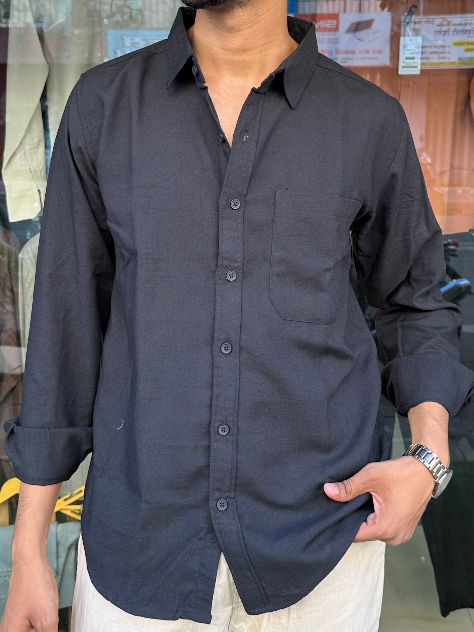 Black linen-blend Shirt