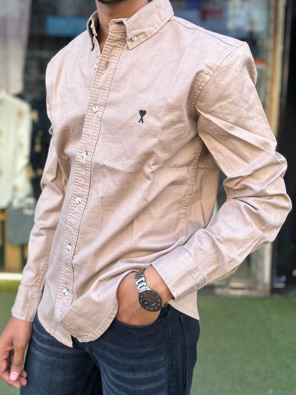 Luxury peach Linen Shirt with embroidery detail