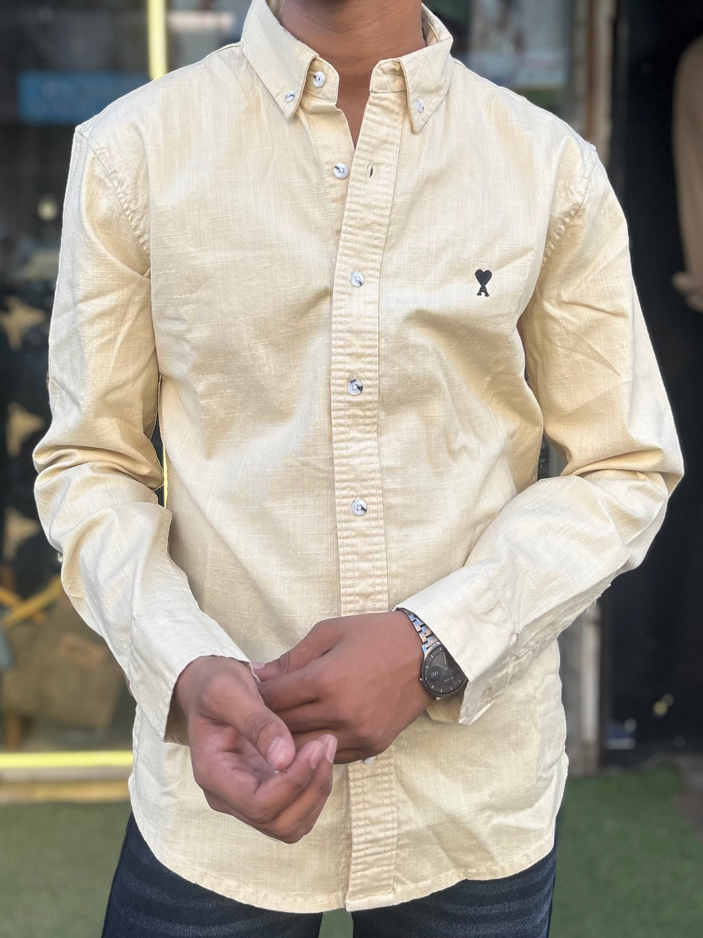 Luxury Beige Linen Shirt with embroidery detail