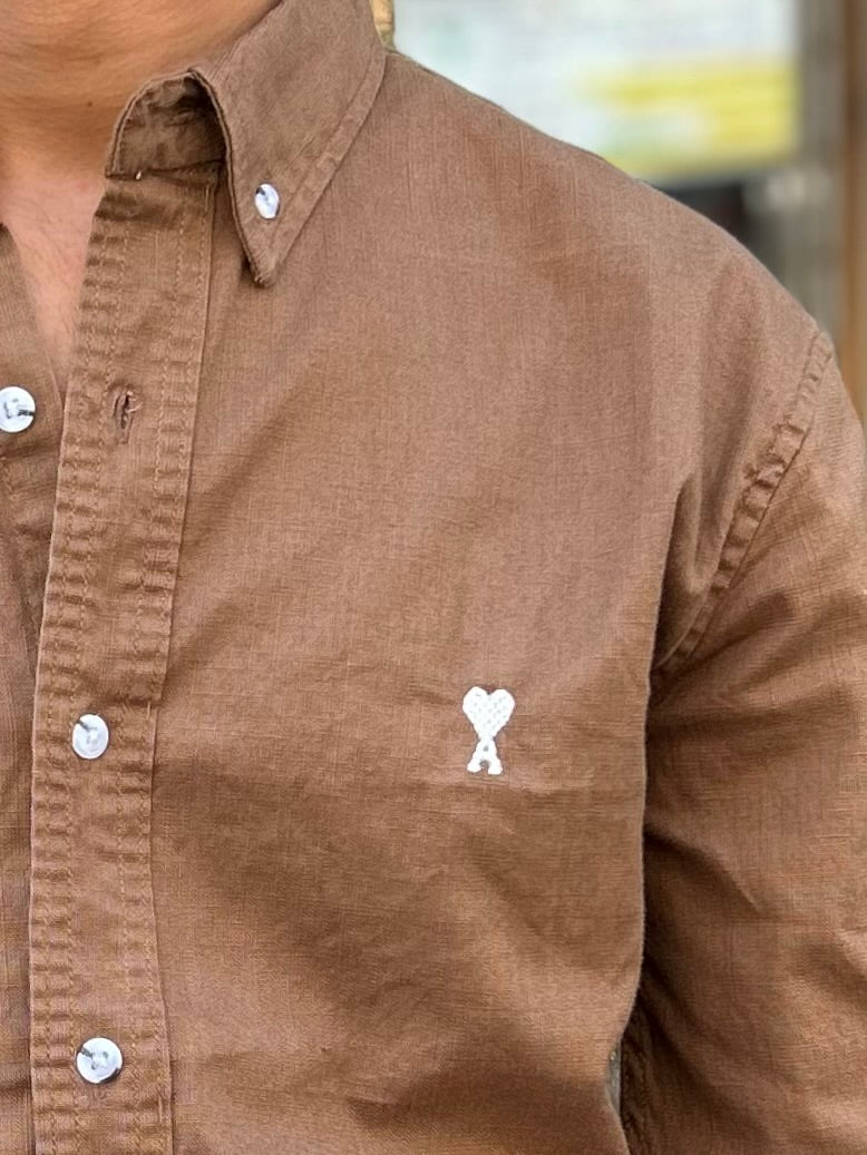 Luxury Brown Linen Shirt with embroidery detail