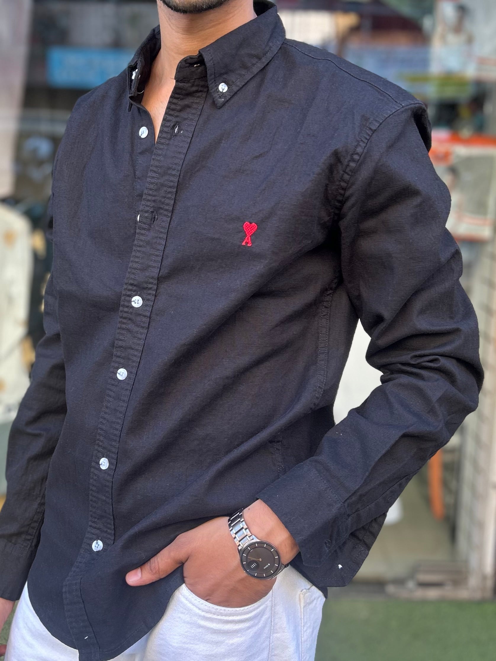 Luxury Black Linen Shirt with embroidery detail