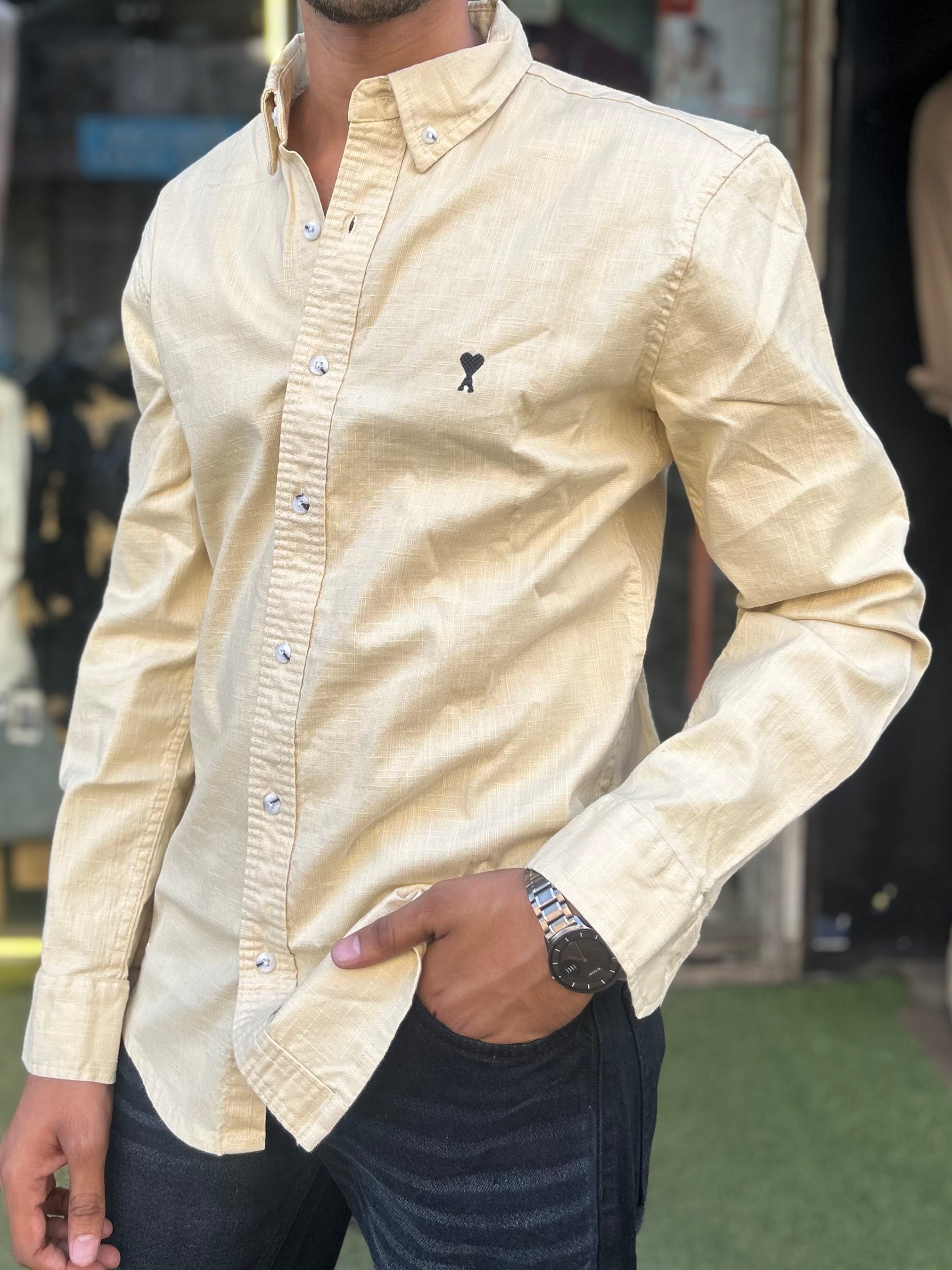 Luxury Beige Linen Shirt with embroidery detail