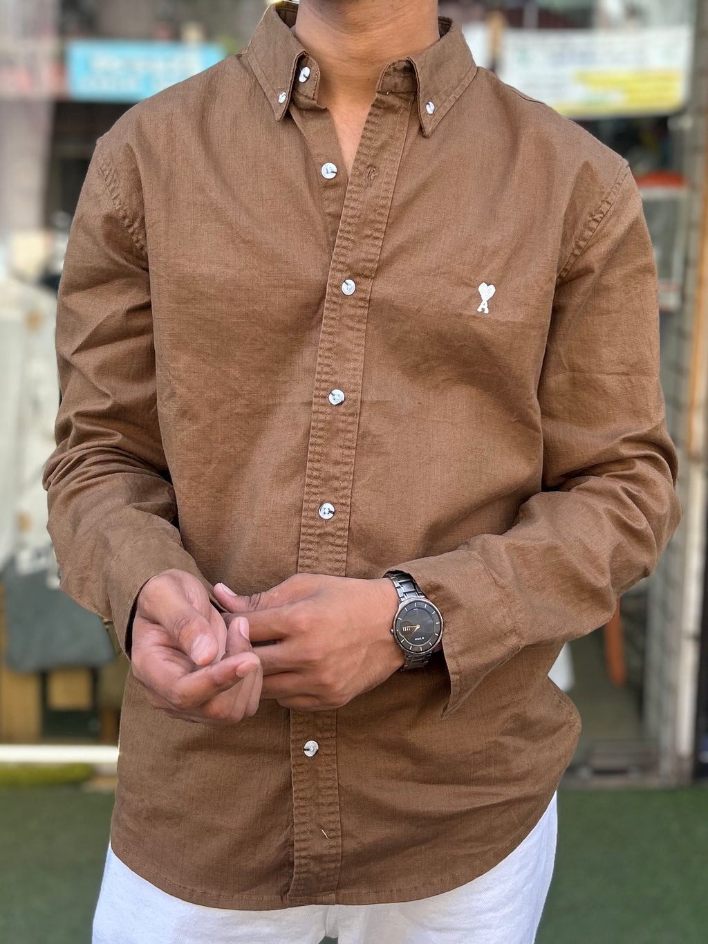 Luxury Brown Linen Shirt with embroidery detail