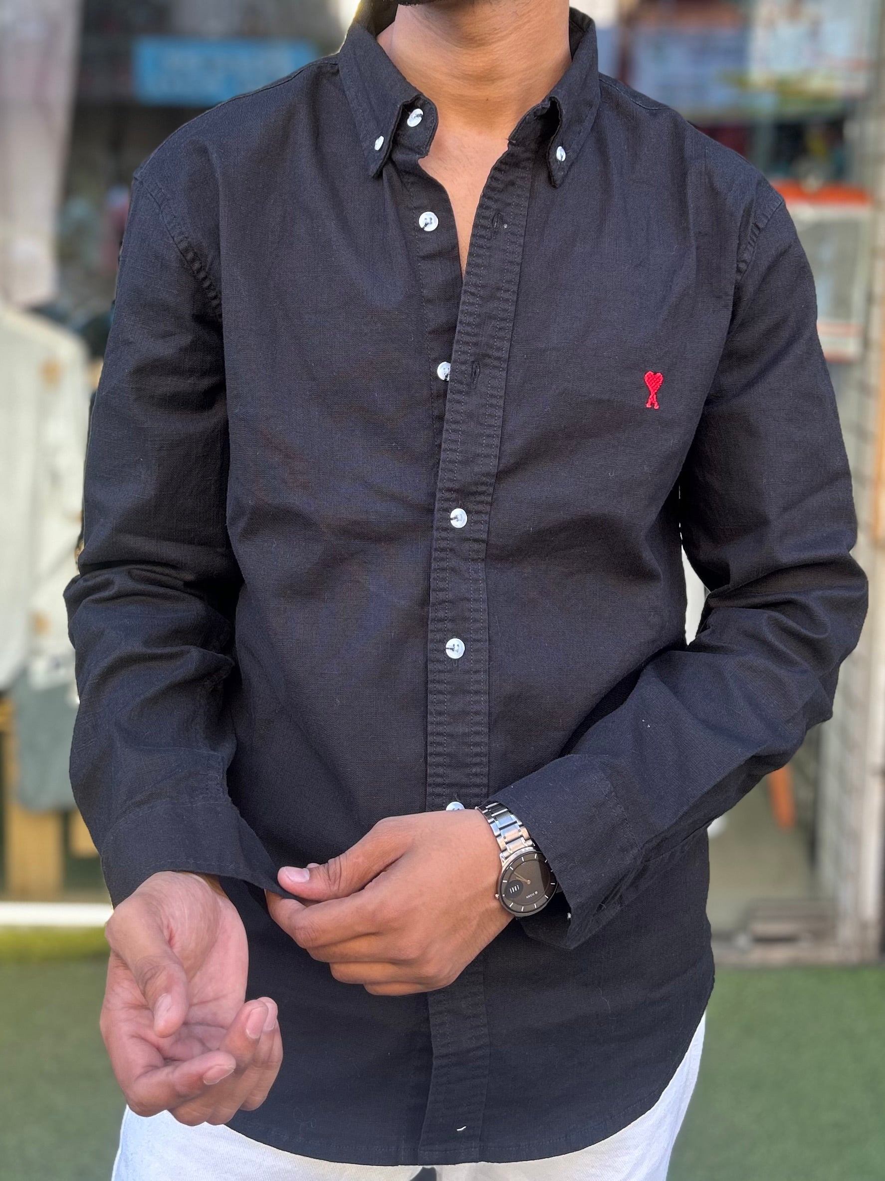 Luxury Black Linen Shirt with embroidery detail