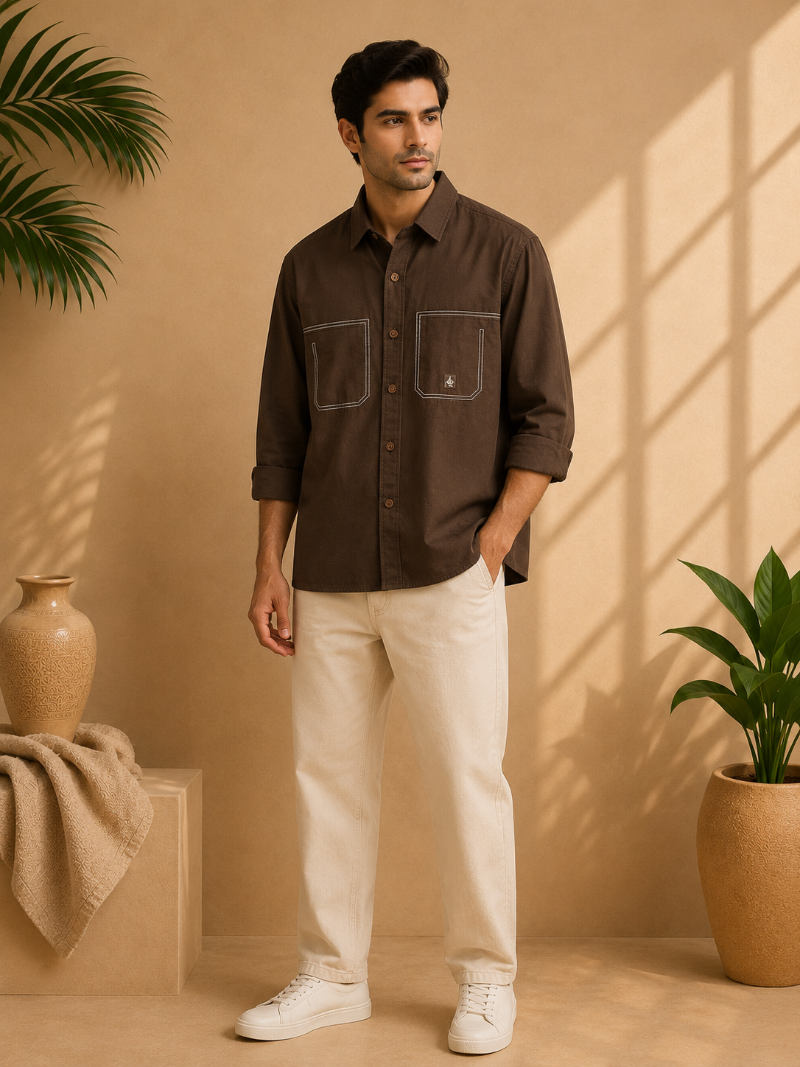 Brown Stitched Crop Shirt