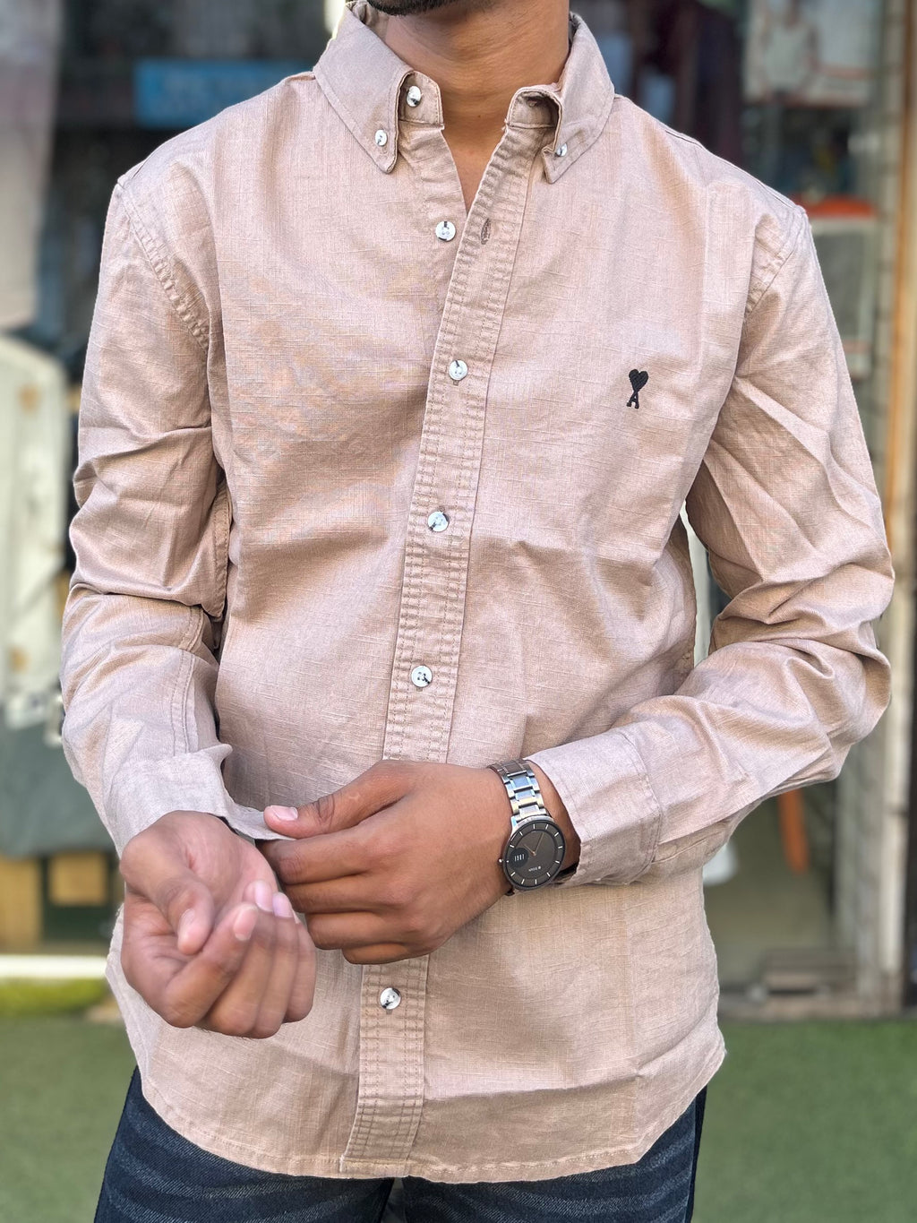 Luxury peach Linen Shirt with embroidery detail