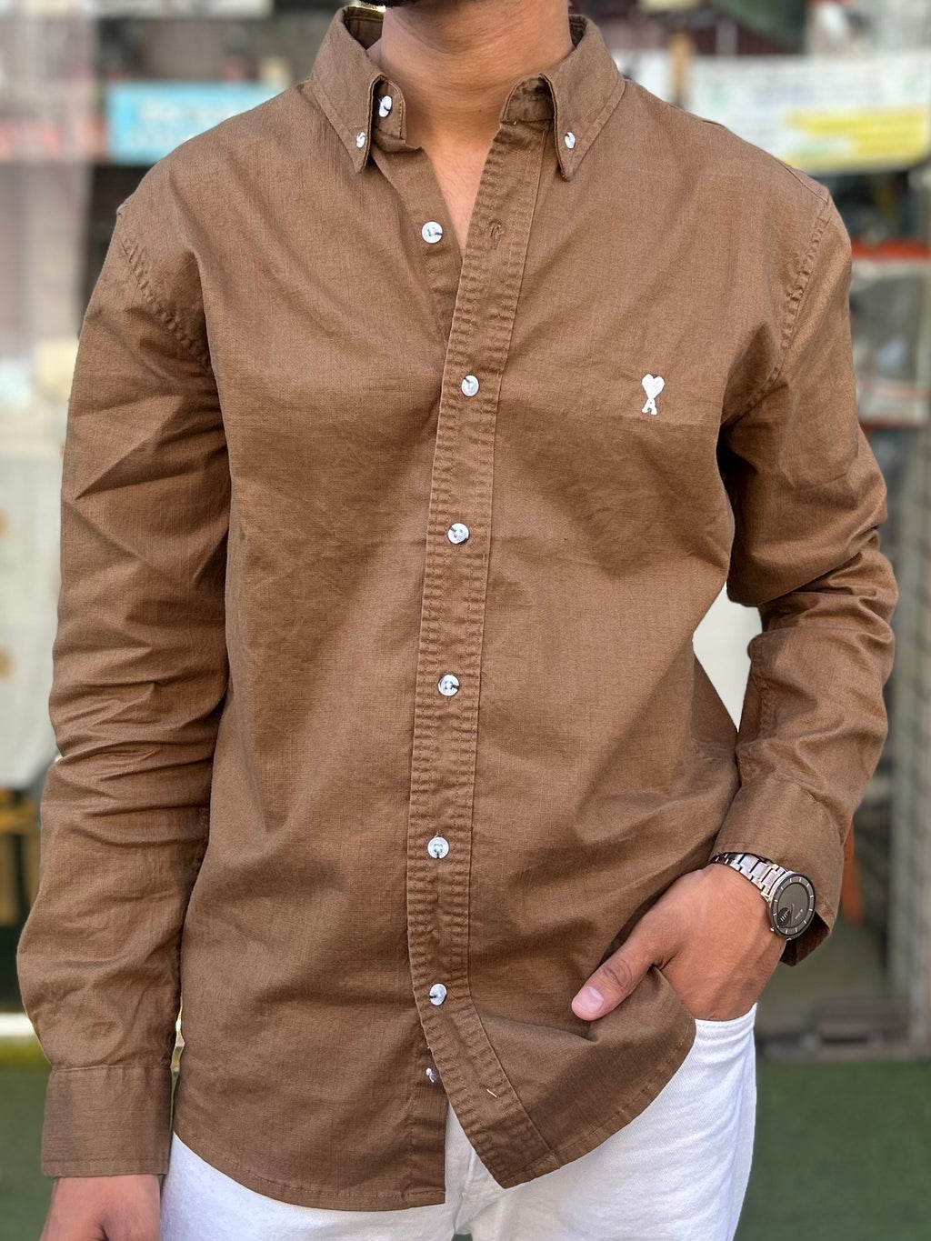 Luxury Brown Linen Shirt with embroidery detail