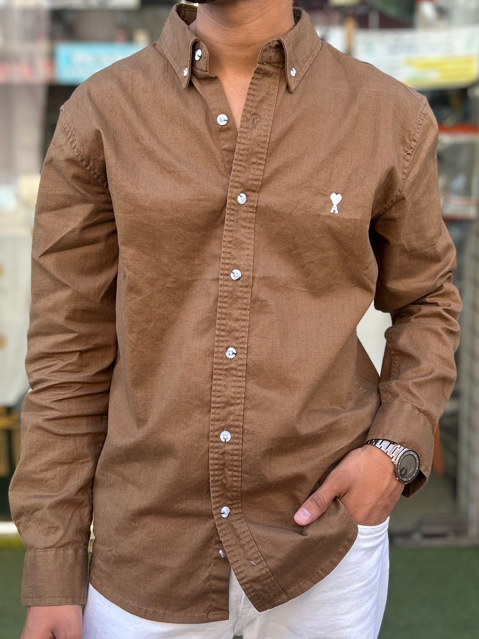 Luxury Brown Linen Shirt with embroidery detail
