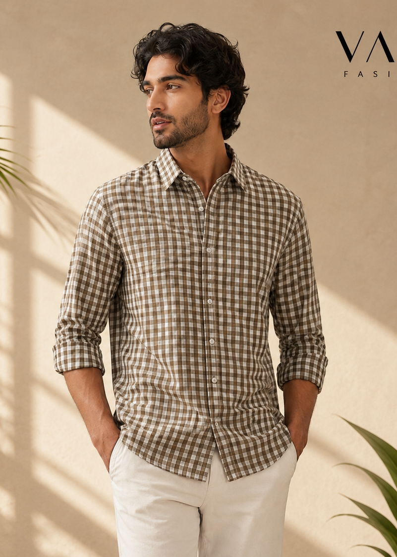 Dark Brown Checked Linen Shirt