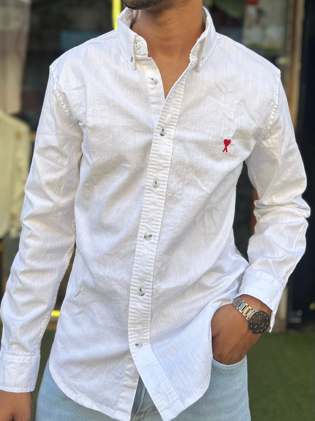 Luxury White Linen Shirt with embroidery detail